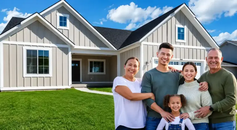 Family standing in front of a high-end custom home built by LOYL Construction