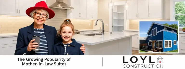 Grandmother and young girl in a modern kitchen beside an accessory dwelling unit, promoting mother-in-law suites