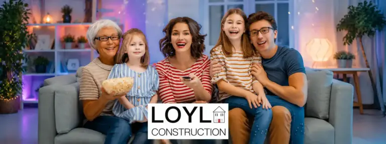 Multigenerational family enjoying a finished lower-level living space with the LOYL Construction logo