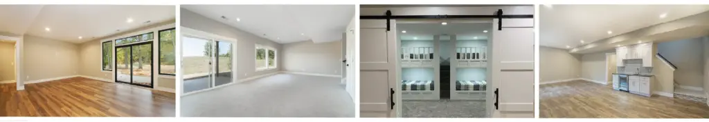 Four finished lower-level designs featuring open living areas, large windows, barn doors, built-in seating, and a kitchenette