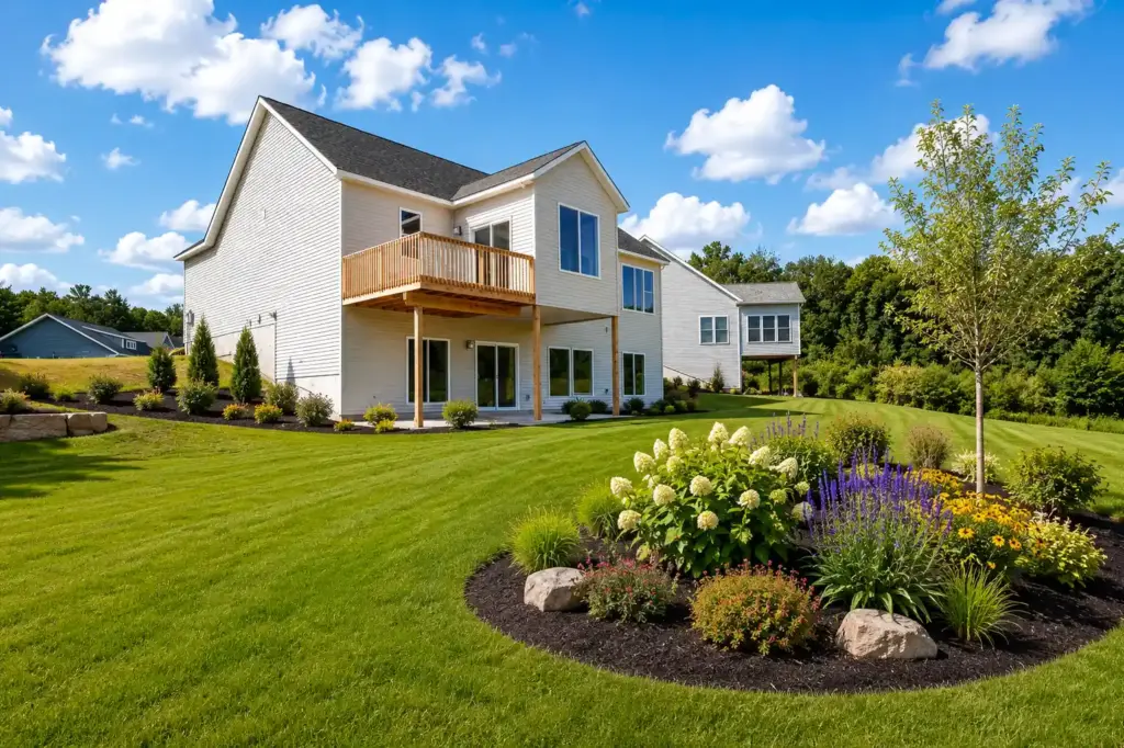 Custom home with a spacious backyard, wooden deck, and landscaped garden in Grand Rapids, Michigan