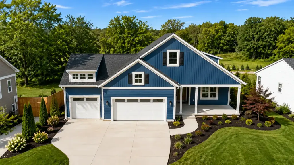 Blue custom home with a three-car garage, covered front porch, and professionally landscaped yard