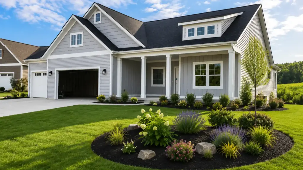 Completed LOYL Construction custom home with landscaped front yard