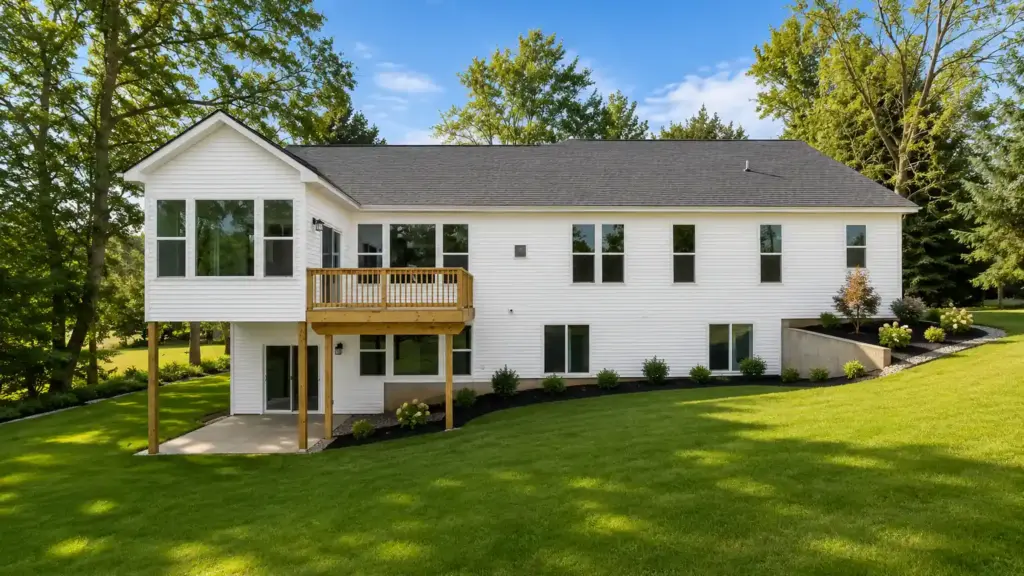 Rear exterior of a white custom home with a raised deck and walkout basement