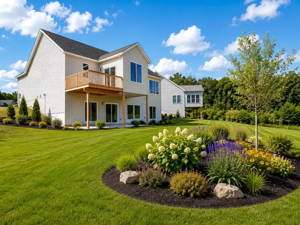 Rear exterior of a white custom home with a raised wooden deck and landscaped backyard