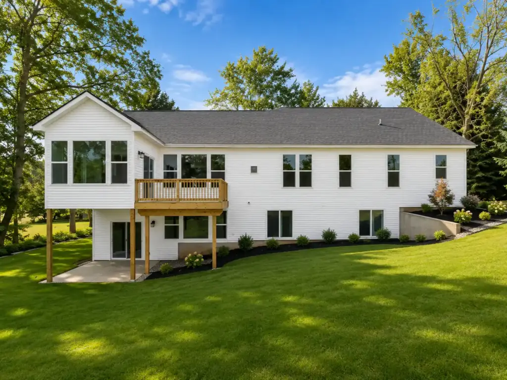 Rear exterior of a white custom home with a raised wooden deck and walkout lower level