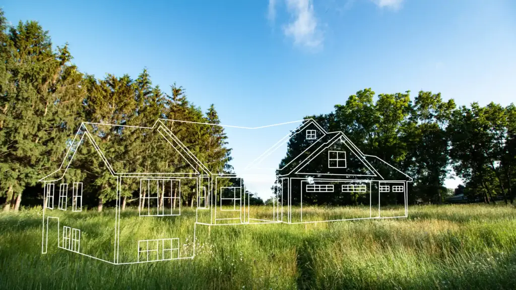 Custom home design concept illustrated over a wooded residential property