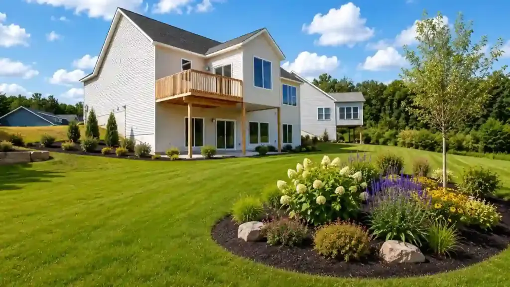 Completed custom home with a wooden deck, landscaped lawn, and flower garden in Grand Rapids, Michigan