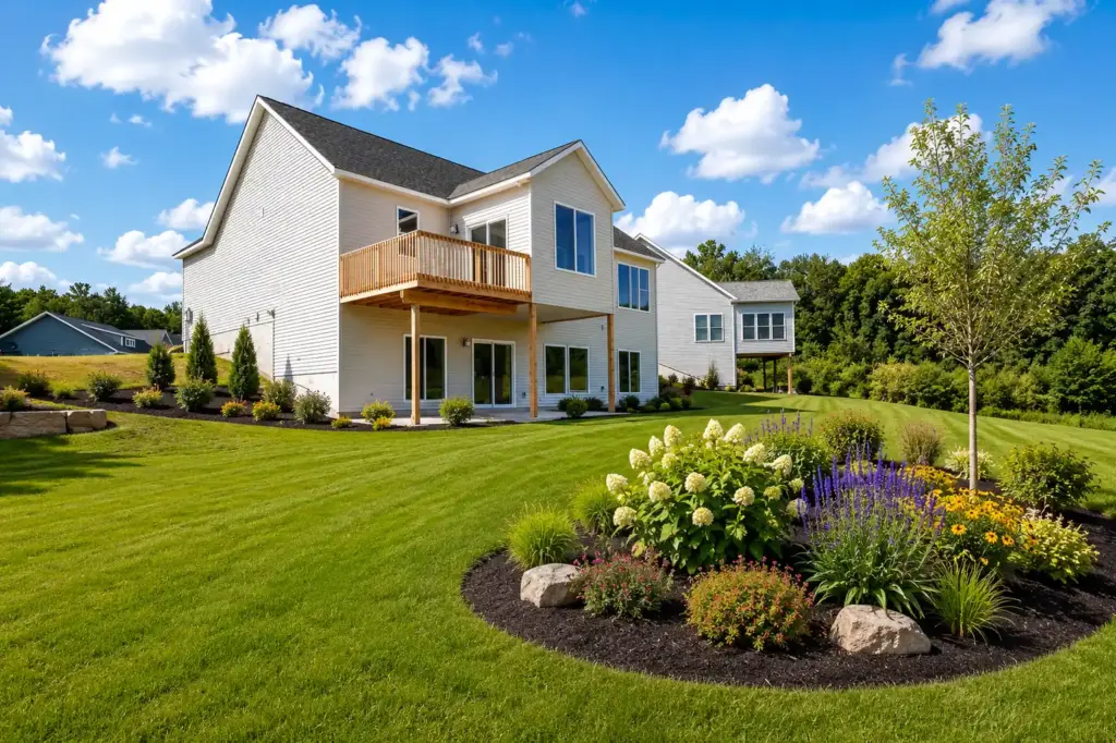 Rear exterior of a custom home with a raised wooden deck, landscaped garden, and spacious lawn in West Michigan