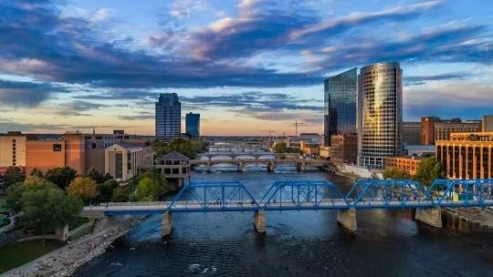 Downtown Grand Rapids skyline and Blue Bridge over the Grand River in Michigan