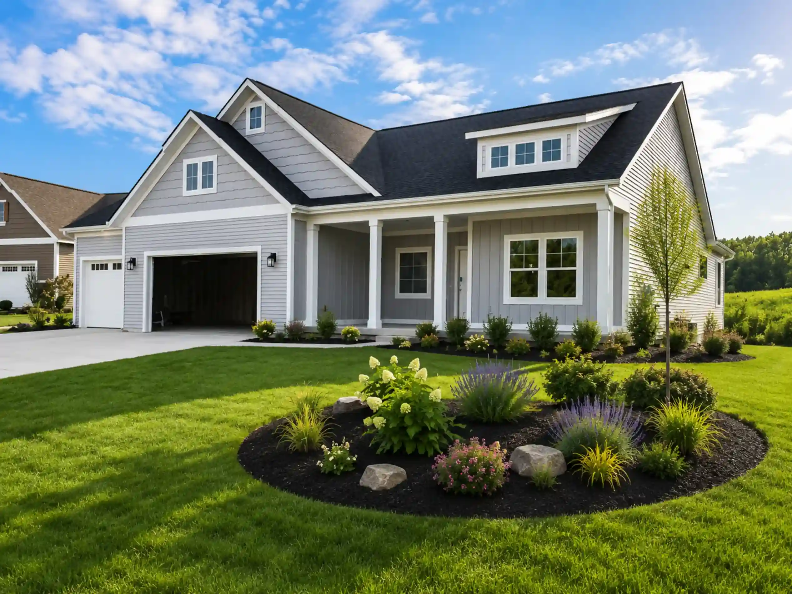 Gray custom home with white trim, covered porch, attached garage, and landscaped front yard in West Michigan
