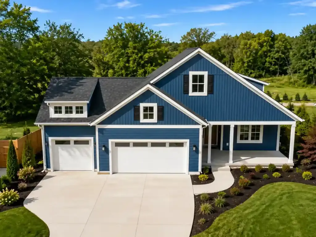 Blue custom home with white trim, three-car garage, covered porch, and landscaped yard in West Michigan