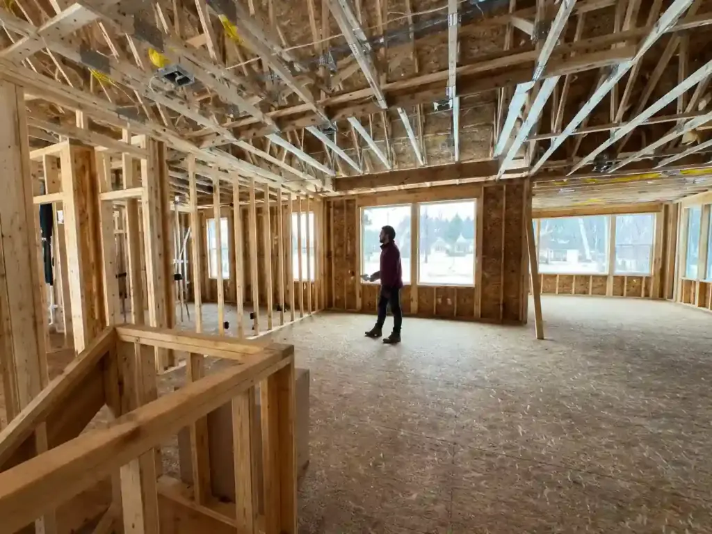 Custom home interior framing during construction in West Michigan