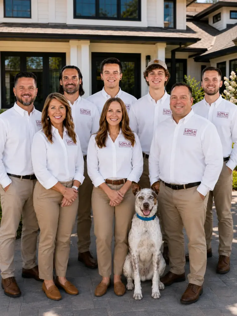 LOYL Construction team in branded shirts with their company dog outside a custom home in West Michigan
