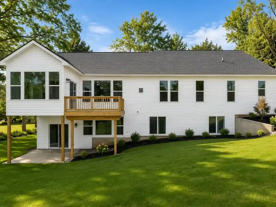 White walkout custom home with elevated deck and landscaped backyard in West Michigan