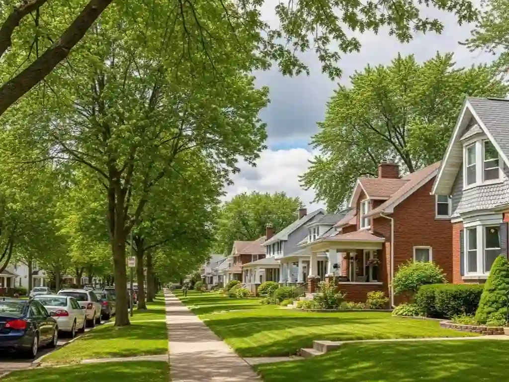 Tree-lined residential neighborhood with traditional homes in Rockford, Michigan