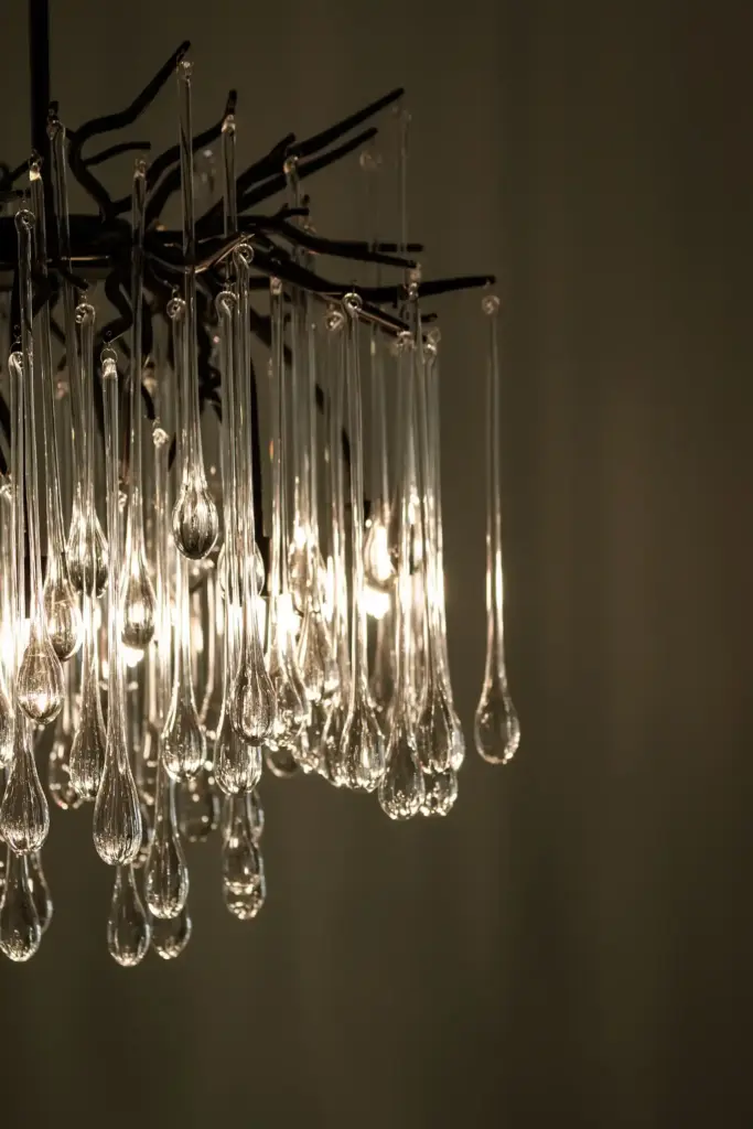 Close-up of a glass crystal chandelier in a custom waterfront home