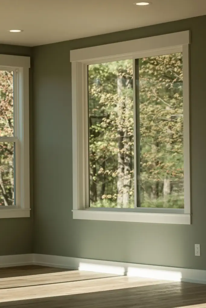 Large white-trimmed window overlooking trees in a waterfront home