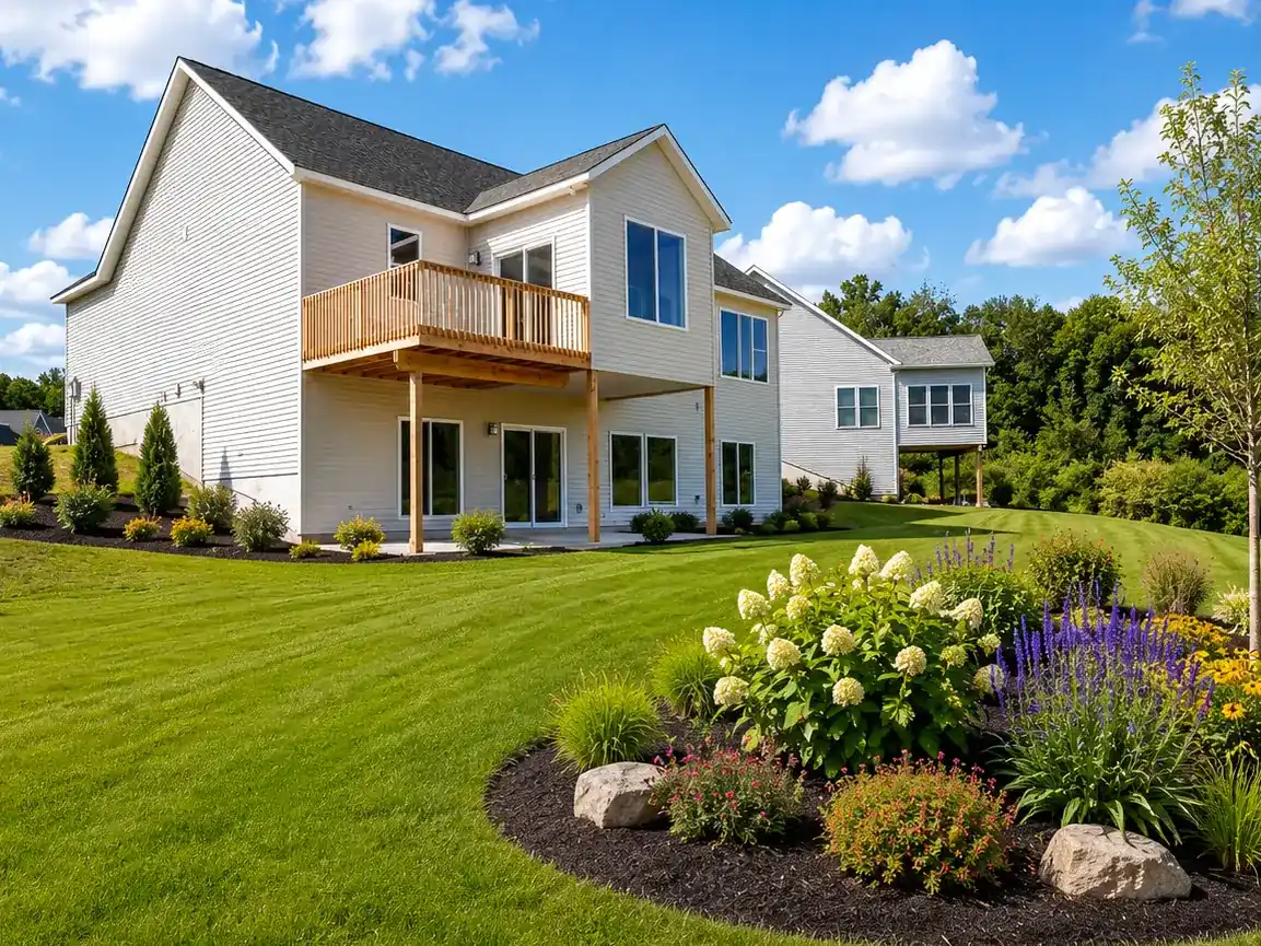 Rear exterior of a white custom home with an elevated wood deck, landscaped backyard, and colorful garden in West Michigan