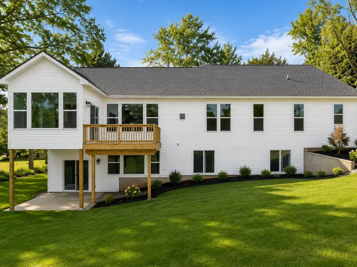 Rear exterior of a white custom home with a raised wood deck, walkout lower level, and landscaped backyard